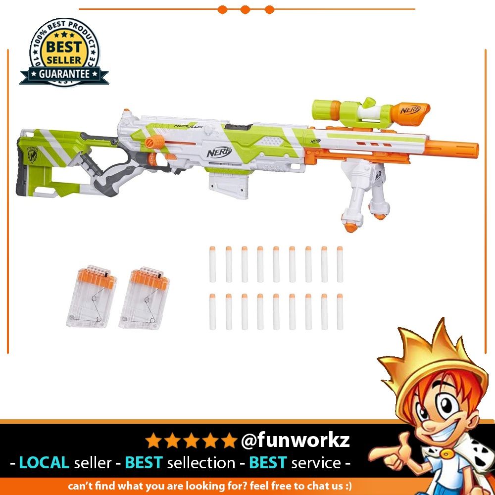 NERF Longstrike Modulus Toy Blaster with Barrel Extension Bipod Scopes 18 Modulus Elite Darts and 3 Six Dart Clips for Kids Teens and Adults Exclusive Standard Hobbies Toys Toys Games