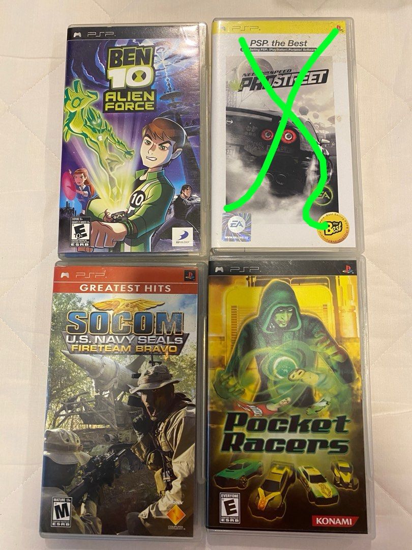 PSP games Ben 10 Alien Force/Pro Street/ SOCOM/ Pocket Racers, Video  Gaming, Video Games, PlayStation on Carousell