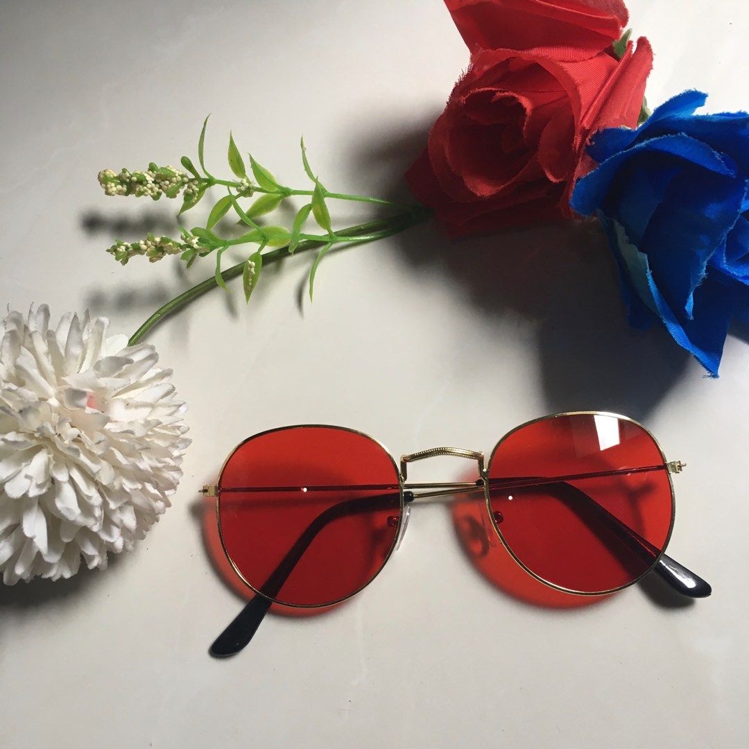 Red Sunglasses Vintage round metal thin frame gold kacamata merah