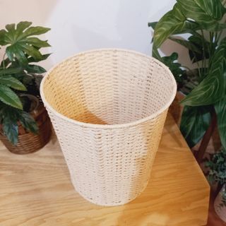 Nitori laira dustbin round woven basket trash bin metal frame