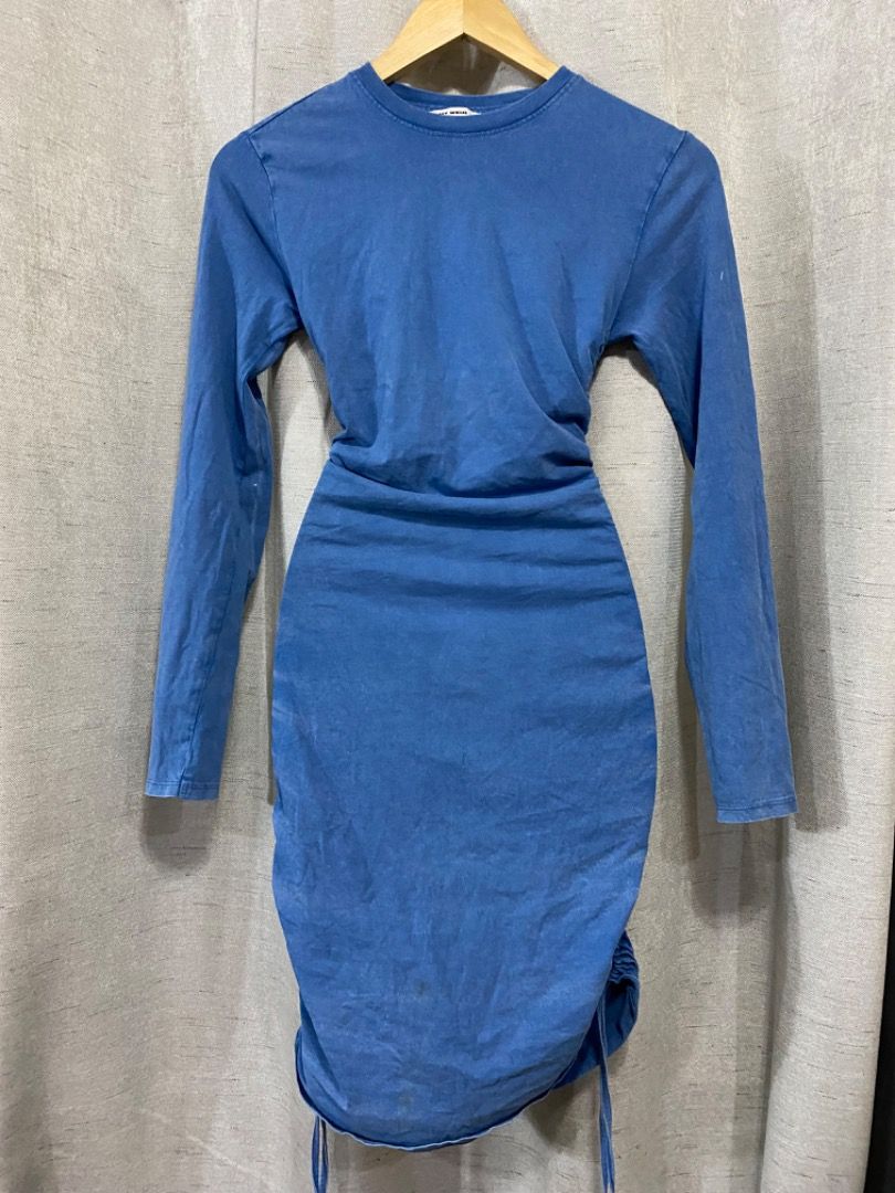 Side Ruched Longsleeve Dress. (For Petite) (Category: Dresses) located in Manila. Submitted by janicaking (Listing ID 1299608076, Image 2). Description: Never been used. Has washable stains, no time to wash. Na stock kasi. •Color: Denim Blue. •Fabric: Cotton. •Size: XS. 📩Dm me if interested! 📍Pandacan, Manila..