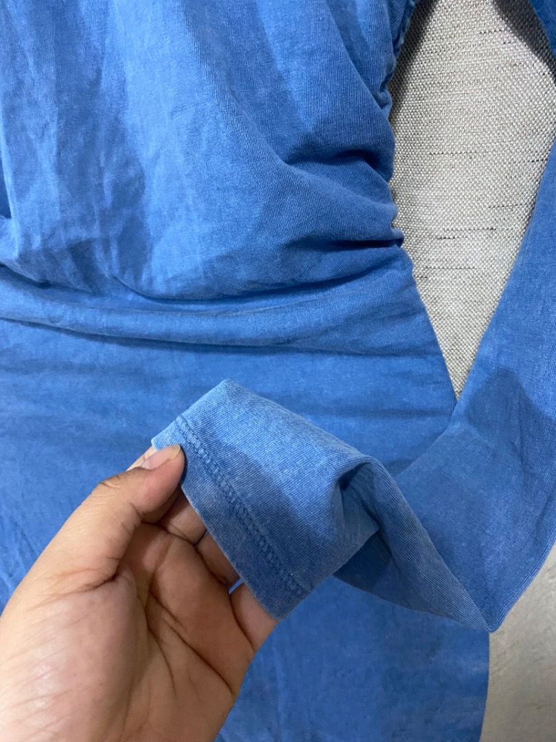 Side Ruched Longsleeve Dress. (For Petite) (Category: Dresses) located in Manila. Submitted by janicaking (Listing ID 1299608076, Image 3). Description: Never been used. Has washable stains, no time to wash. Na stock kasi. •Color: Denim Blue. •Fabric: Cotton. •Size: XS. 📩Dm me if interested! 📍Pandacan, Manila..