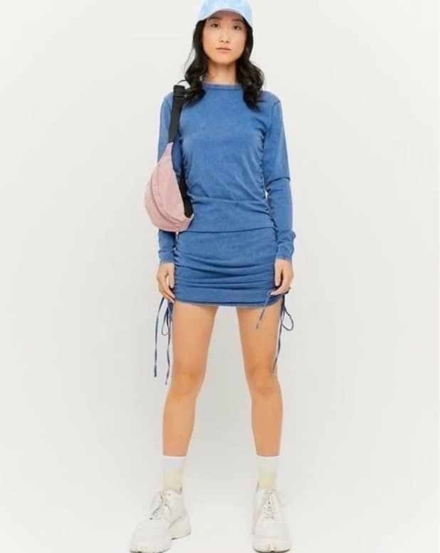 Side Ruched Longsleeve Dress. (For Petite) (Category: Dresses) located in Manila. Submitted by janicaking (Listing ID 1299608076, Image 1). Description: Never been used. Has washable stains, no time to wash. Na stock kasi. •Color: Denim Blue. •Fabric: Cotton. •Size: XS. 📩Dm me if interested! 📍Pandacan, Manila..