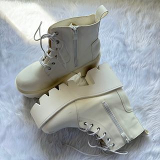 White Minimalist Lace Up Zipper Platform Boots