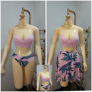 3in1 Swimwear Small Pink Two Piece Push up Pads Bikini & Beach Skirt Cover up 3pc