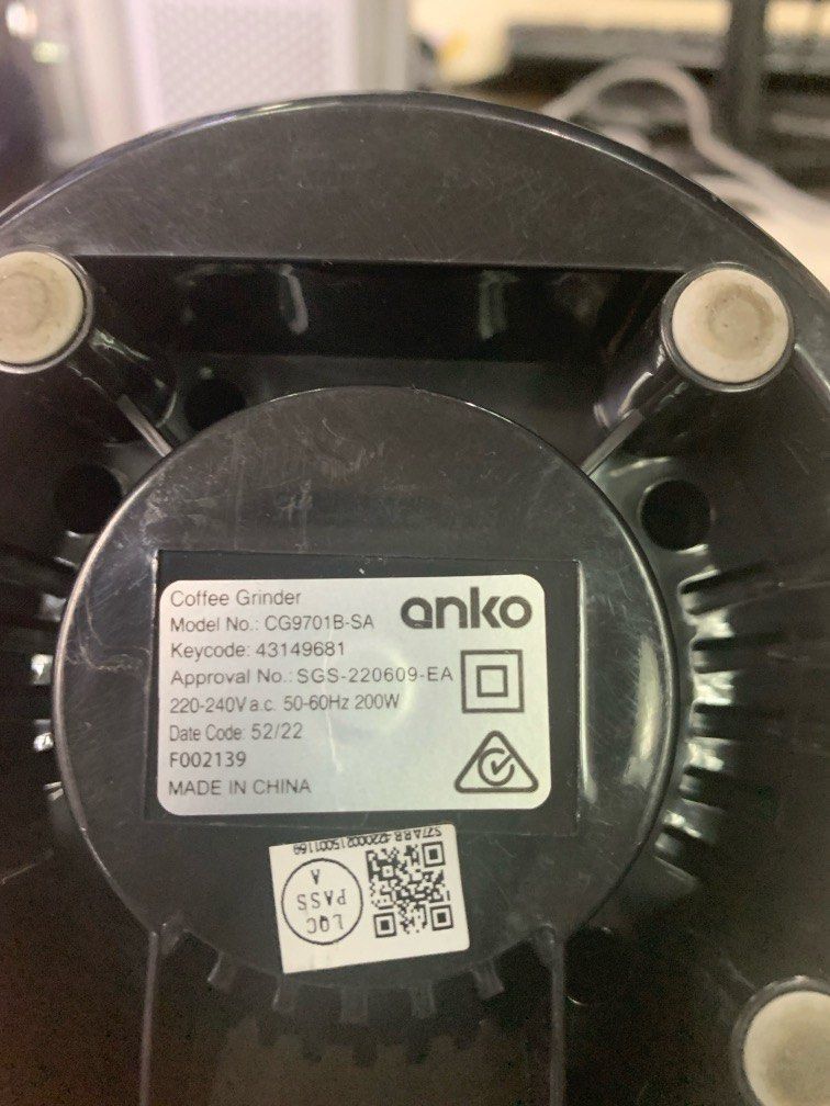 Anko Coffee Grinder with issue (Category: Coffee Machines & Makers) located in Pasay City. Submitted by enrico_appliances (Listing ID 1299631763, Image 3). Description: working condition 220 volts issue with cover but no effect on grinder.