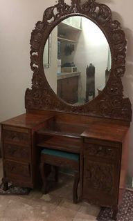 Antique Narra Dresser with Mirror, Stool and Light