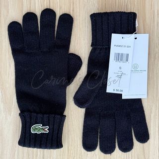 Authentic LACOSTE Black Unisex 100% Wool Knit Gloves Small