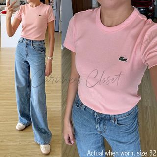 Authentic LACOSTE Womens Pink Slim Fit Ribbed T-Shirt Size 32 34 36 XS Small