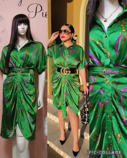 Brand New High Quality Green Silk Chain Print Slim Fit Dress with waist tie