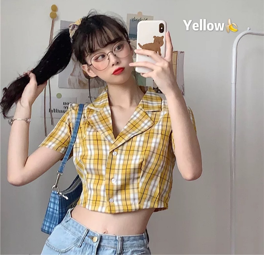 Yellow checkered crop top top