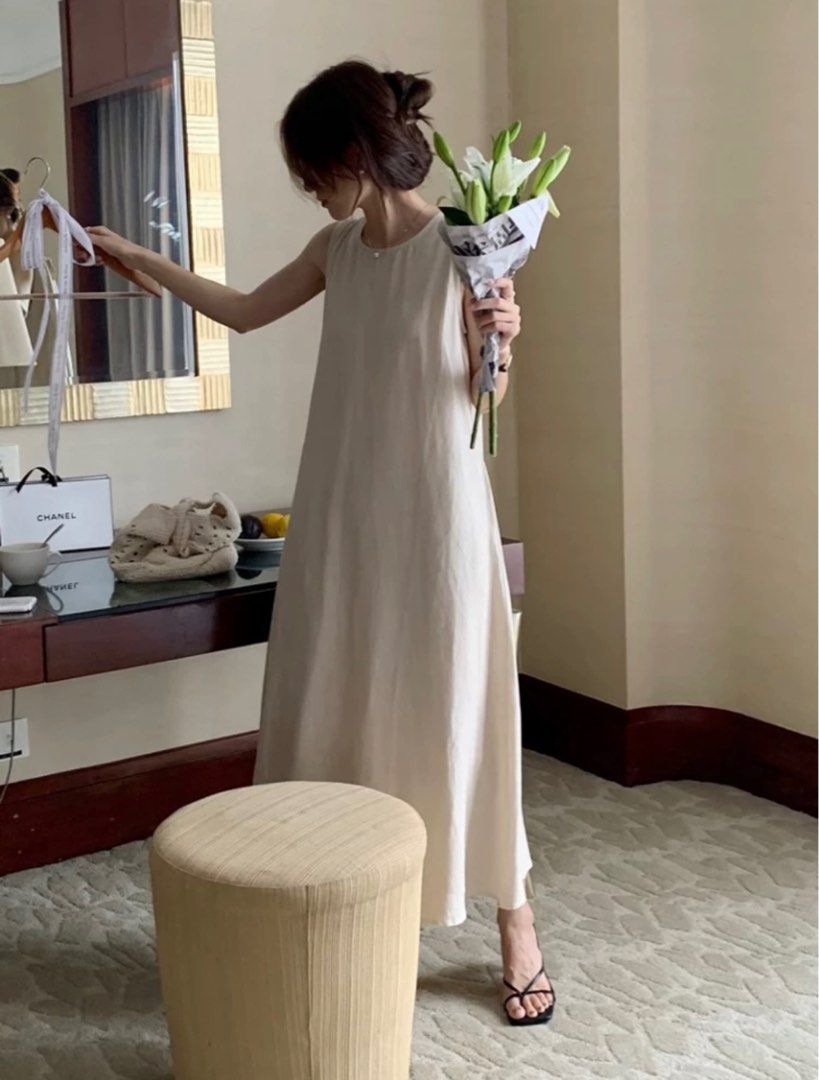 Flowy beige Korean style dress, Babies & Kids, Babies & Kids Fashion on  Carousell