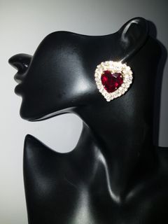 FROM ABROAD: Heart Earrings with fake red  gemstone and diamond -like studs - A271