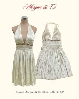 Morgan&Co Plus Size Shiny White Cream Halter Evening Silk Dress | Prom | Beach | Large size - Extra Large | Vintage