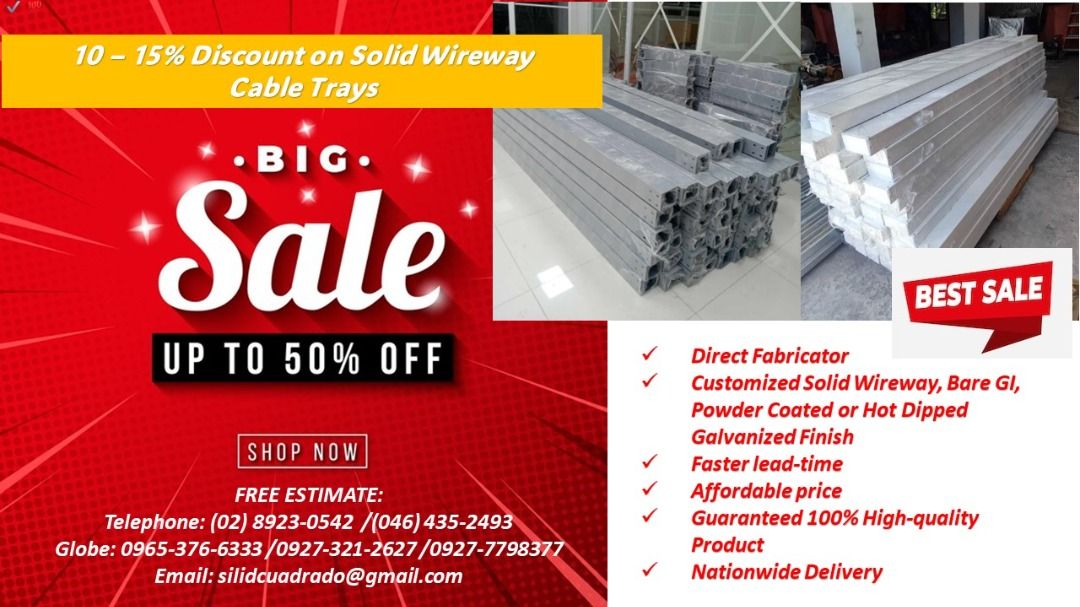 SALE CABLE TRAYS AND WIREWAYS (Category: Construction & Building Materials) located in Bacoor. Submitted by calmtree.64bff5 (Listing ID 1299717688, Image 2). Description: SILID CUADRADO is offering: FABRICATION AND SUPPLY OF THE FOLLOWING ELECTRICAL CABLE TRAYS: - SOLID WIREWAY TYPE - PERFORATED CABLE TRAY - LADDER TYPE DIRECT FABRICATOR ✔️💯 CUSTOMIZED CABLE TRAY 50MM TO 1000MM WIDTH ✔️💯 FASTER LEADTIME ✔️💯 AFFORDABLE PRICE ✔️💯 GUARANTEED 100