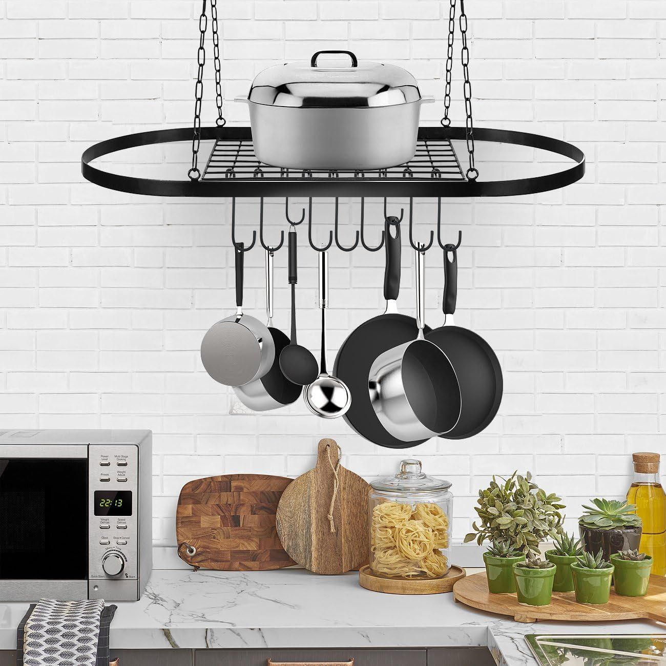 Sorbus Pot and Pan Rack for Ceiling with Hooks Decorative Oval Mounted Storage Rack Multi Purpose Organizer for Home Restaurant Kitchen Cookware Utensils Books Household Hanging Black Black Furniture ...