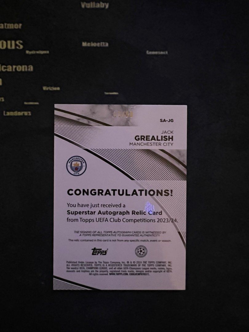 Jack Grealish Museum Auto Relic Card /50