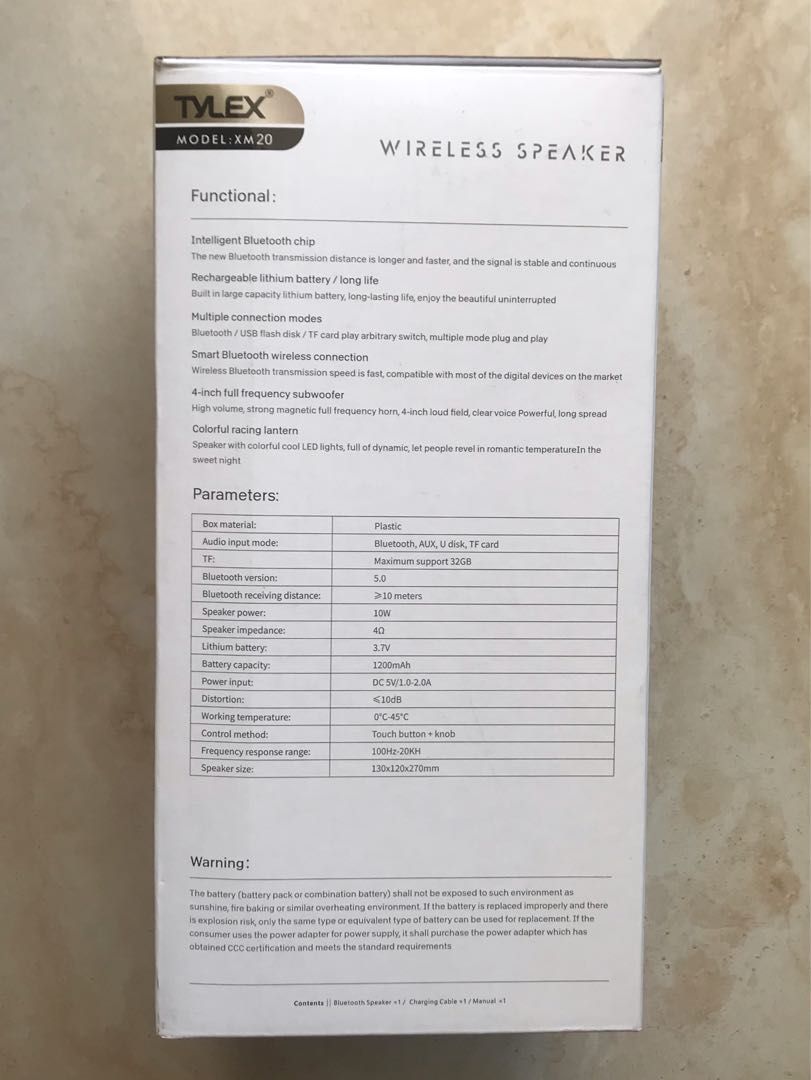 Tylex Wireless Speaker (Category: Soundbars, Speakers & Amplifiers) located in Pasay City. Submitted by kkalien (Listing ID 1299739310, Image 3). Description: Tylex Strong Bass Wireless Speaker Audio input model: Bluetooth, AUX, U disk, TF card TF: Maximum support 32GB Bluetooth version: 5.0 Bluetooth receiving distance: 10meters Speaker power: 10W Lithium battery: 3.7V Battery capacity: 1200mAh Power Input: DC 5V/1.0-2.0A Control method: Touch b