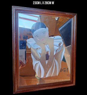 1980s Vintage Pierrot Lady Mira Fujita Mirror in Wooden Frame