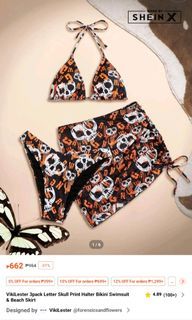 3 piece Letter Skull Print Halter Bikini Swimsuit
& Beach Skirt