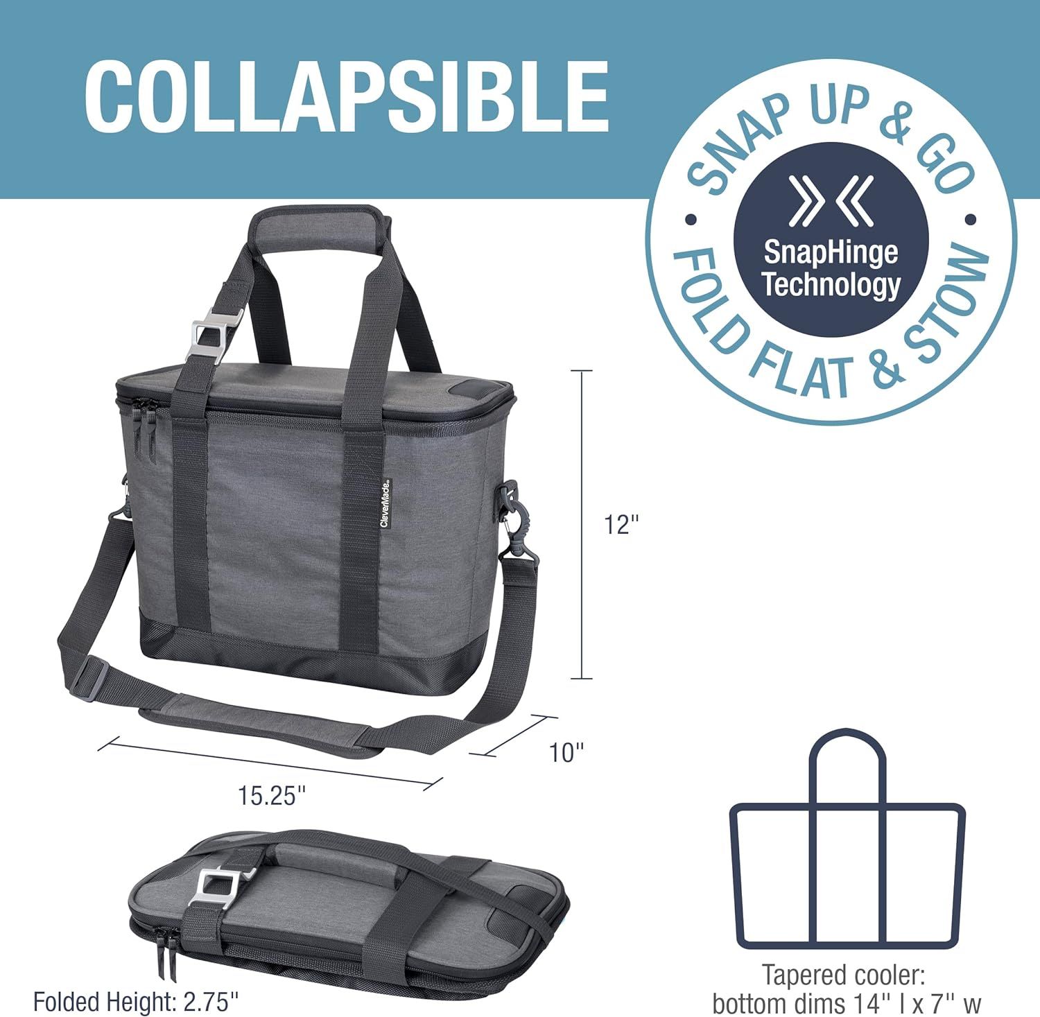 CleverMade SnapBasket 30 Can Soft Sided Collapsible Cooler 20 Liter Insulated Tote Bag with Shoulder Strap Grey Charcoal Grey Charcoal Bag Sports Equipment Hiking Camping on Carousell