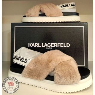 KARL LAGERFELD PARIS Patricia Faux Fur Slingback Sandals, Taupe, Size US 7M