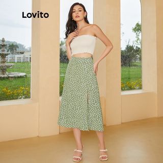LOVITO - Boho sage green long skirt with thigh-high slit (size S)