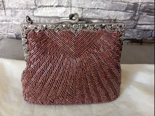 Milleni Satin Bead Bag - Vintage Clutch Purse - Small  Bead Evening Handbag with Snake Clasp -