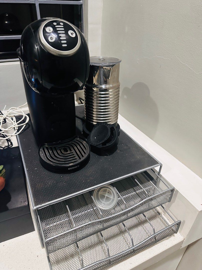 Nescafe Dolce Gusto Genio S Plus (Category: Coffee Machines & Makers) located in Cainta. Submitted by jes_fac (Listing ID 1299889932, Image 2). Description: Slightly used Dolce Gusto Genio S Plus Coffee Machine complete with box with Freebies: *Coffee pod rotating rack *Coffee pod 2-layer drawer *Capsule converter (to make it compatible with Nespresso pods) *Slightly negotiable.