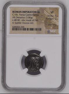 NGC Authenticated Ancient Coin Roman Republic Denarius Pan and Jupiter issued by Vibius Pansa, ally and friend of Julius Caesar