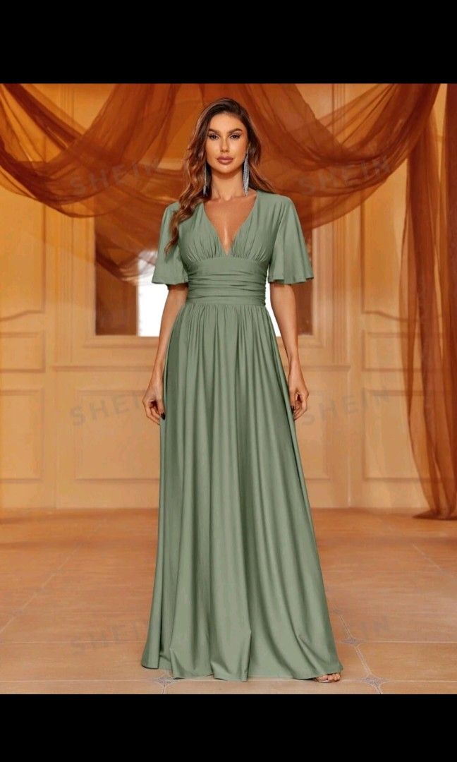 Shein Plunging Neck Split Thigh Bridesmaid Dress in Sage Green, Women's  Fashion, Dresses & Sets, Dresses on Carousell