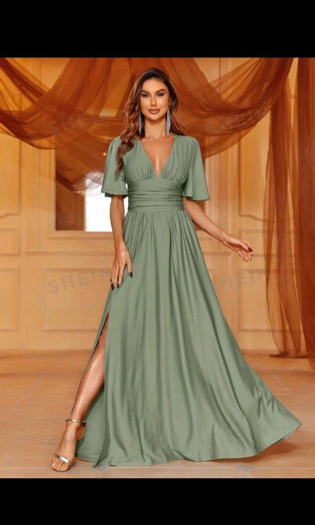 Shein Plunging Neck Split Thigh Bridesmaid Dress in Sage Green, Women's Fashion, Dresses & Sets, Dresses on Carousell Shein Plunging Neck Split Thigh Bridesmaid Dress in Sage Green, Women's Fashion, Dresses & Sets, Dresses on Carousell