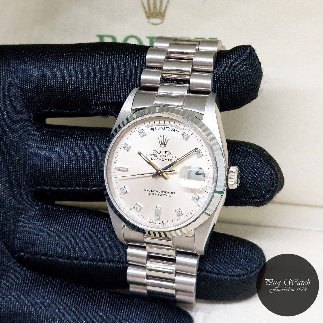 Rolex 36mm Oyster Perpetual 18K White Gold Silver Diamonds Dial Day Date REF 18239 W Series 2