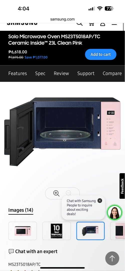 Samsung microwave in Clean Pink (Category: Ovens & Toasters) located in Cainta. Submitted by closetdclutter (Listing ID 1299854892, Image 2). Description: Moving out sale. Available on May 27th to June 1st. Pick up only.