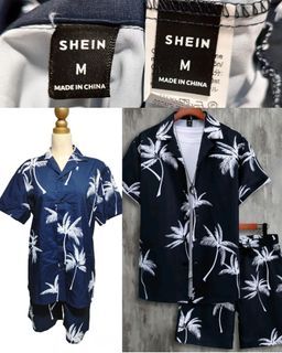 Shein Men Random Palm Tree Print Shirt and Drawstring Waist Shorts MyLight
