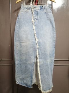Tattered Distressed Vintage Wash Long Denim Skirt