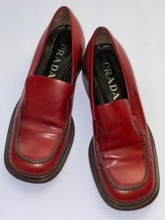 Vintage Prada Red Square Toe Chunky Heal Loafers
