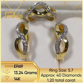 14K Gold Earrings and Ring with Real Natural Diamonds