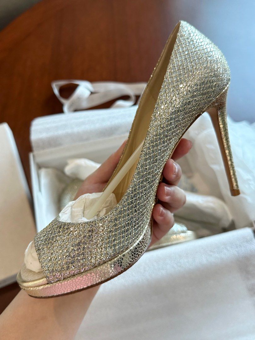Authentic Jimmy Choo Luna 100 Champagne Glitter Fabric Peep Toe Platform