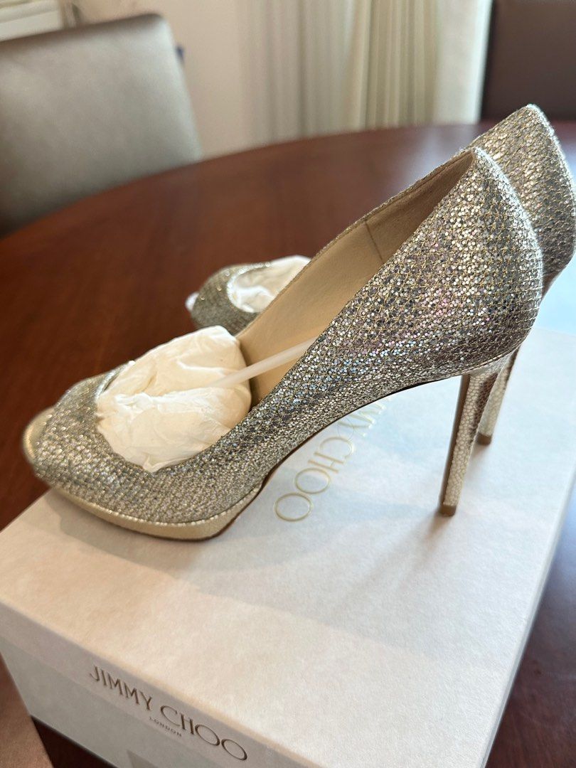 Authentic Jimmy Choo Luna 100 Champagne Glitter Fabric Peep Toe Platform