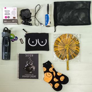 TAKE ALL FOR P500: BLACK STUFF SET: MINI FAN USB POWERED W/ CLIP, COMMON THREAD POUCH, SMILEY WOOL SOCKS, CONTIGO 24 OZ WATER BOTTLE WITH CARABINER CLIP, LINT PIC-UP ADHESIVE ROLLER, MESH BAG, MARVELS OF INDIA'S PAST PLANNER & ROUND FLOWER ABACA PAMAYPAY