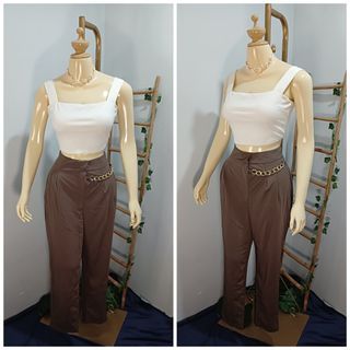 Brown Trouser Pants with chain details High Waist Pants
