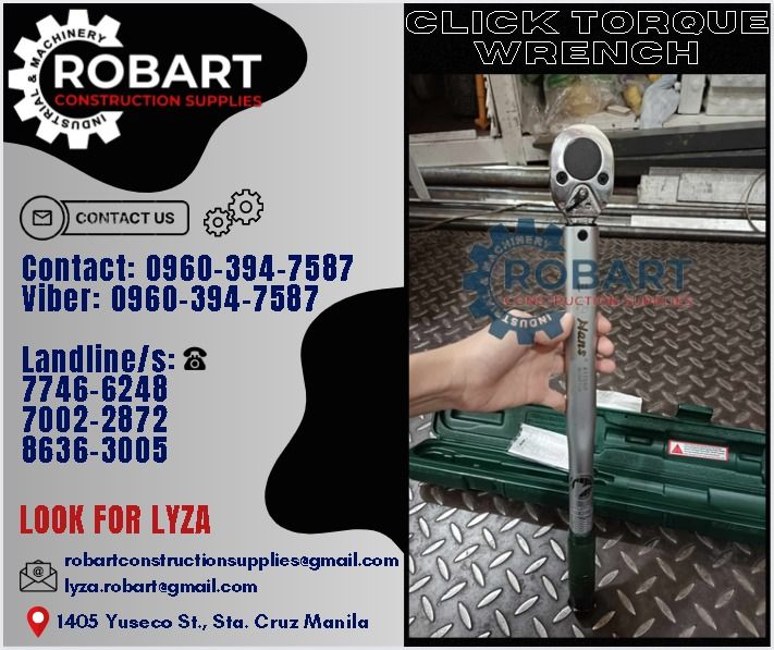Click Torque Wrench (Category: Construction Tools & Equipment) located in Manila. Submitted by lyzarobart11 (Listing ID 1299972558, Image 1). Description: Click Torque Wrench 4170NF 1/2" Drive x 30-150 ft. LBS. 18" Calibrated 𝐒𝐄𝐍𝐃 𝐔𝐒 𝐌𝐄𝐒𝐒𝐀𝐆𝐄 𝐅𝐎𝐑 𝐈𝐍𝐐𝐔𝐈𝐑𝐈𝐄𝐒 ‼️ 0 9 6 7 3 8 1 8 2 2 7 0 9 6 0 3 9 4 7 5 8 7 𝐋𝐚𝐧𝐝𝐥𝐢𝐧𝐞 𝐍𝐮𝐦𝐛𝐞𝐫𝐬: 𝟕 𝟕 𝟒 𝟔 - 𝟔 𝟐 𝟒 𝟖 / 𝟕 𝟎 𝟎 𝟐 - 𝟐 𝟖 𝟕 𝟐 / 𝟖 𝟔 𝟑 𝟔 - 𝟑 𝟎 𝟎 𝟓 𝐋𝐎𝐎�