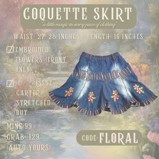 DenimTennis Skirt W/ Floral Embroidery | Coquette Shoujo Girl Fashion