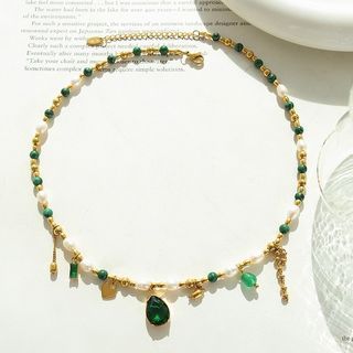 Emerald green and gold necklace | beaded gold necklace with birth stones | summer gem necklace