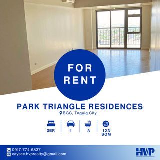FOR RENT: Park Triangle Residences - 3BR, Semi-Furnished, 123 Sqm., 1 Parking Slot, BGC