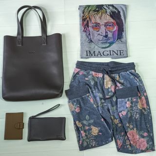 TAKE ALL FOR P500: GRAY STUFF SET: FAUX LEATHER TOTE BAG, POUCH WITH HANDLE, FOREVER 21 FLORAL GREY JOGGER PANTS, IMAGINE JOHN LENNON SANDO TOP + FREE BEIGE ARTIFICIAL LEATHER PASSPORT HOLDER