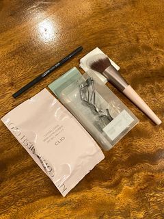 korean makeup bundle - clio glow mesh cushion + peripera eyebrow pencil + the face shop eyelash curler + judydoll contour brush