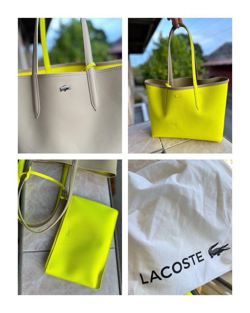 LACOSTE Reversible Tote with detachable pouch (Category: Luxury Bags & Wallets) located in Dumaguete. Submitted by prelovedbysuzy (Listing ID 1300076218, Image 1). Description: ORIGINAL LACOSTE BICOLOUR, reversible tote bag with detachable pouch (zipper pouch) Neon green and khaki colors #REVERSIBLE TOTE BAG Comes with its original dust bag Flaw: With ball pen marks on the neon green side In good condition other than the pen marks Bought in Rusta