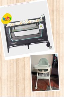 Preloved Apruva crib (+ free foam) + baby high chair